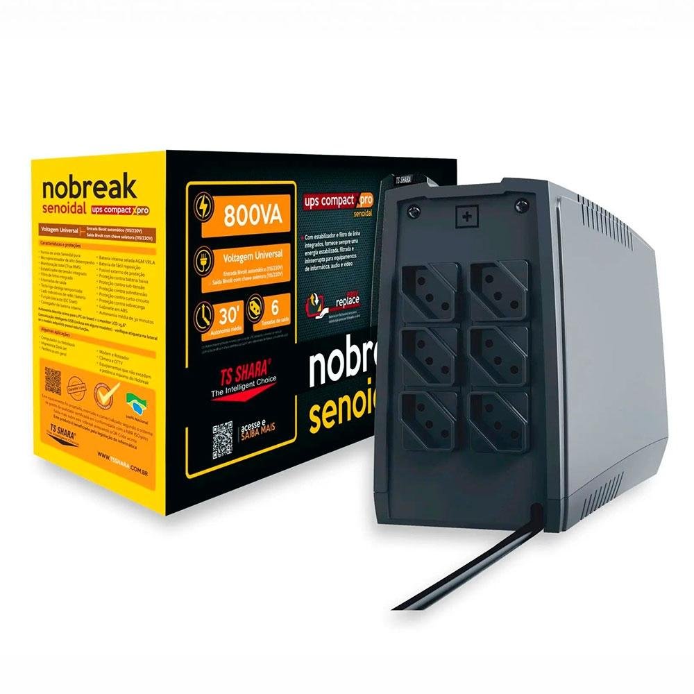 Nobreak TS Shara UPS Compact XPRO Senoidal, 800VA, 1BS, Bivolt, 6 Tomadas de Saída, 7AH, Preto - 4447 - view 5