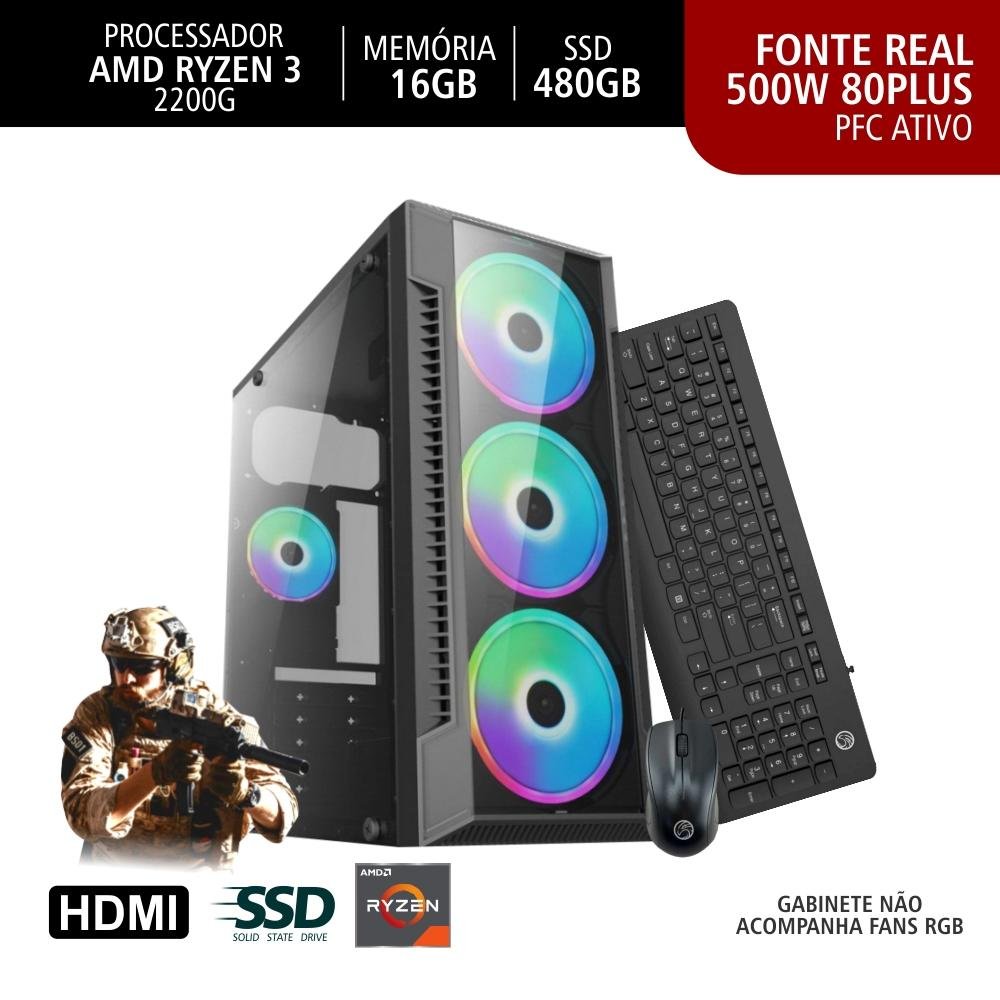 PC Gamer Brazil PC AMD Ryzen 3 2200G, 16GB RAM, SSD 480GB, Fonte