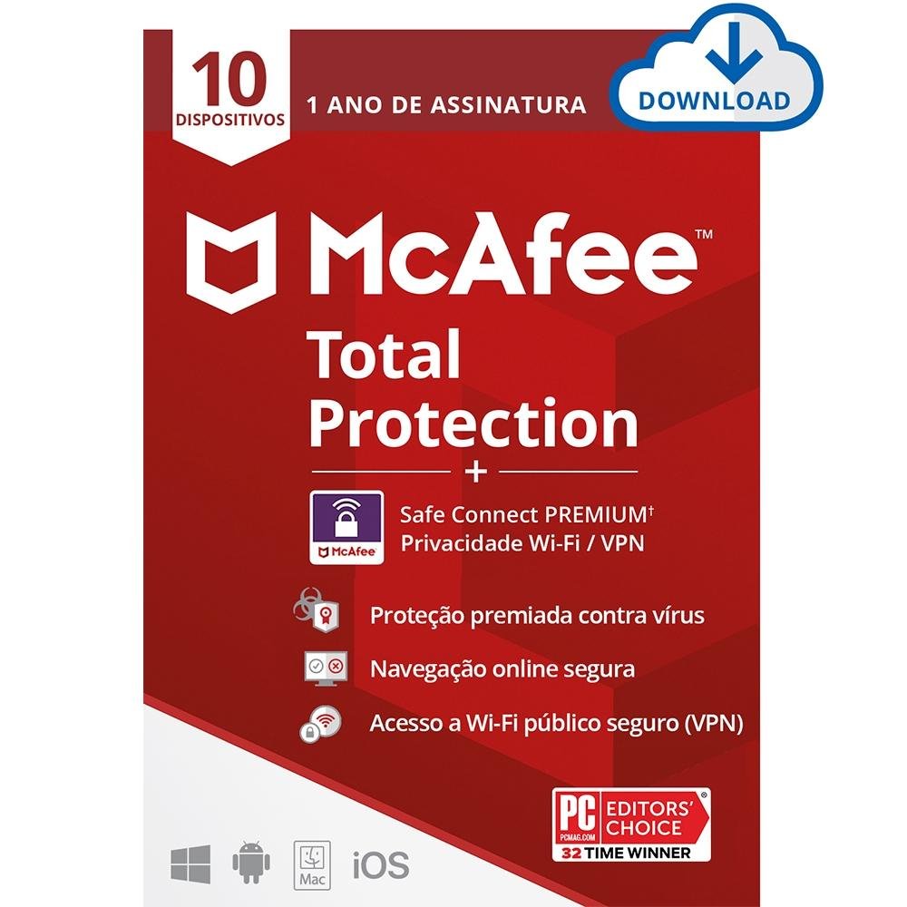 Antivírus McAfee Total Protection - Proteção para 10 Dispositivos, VPN para 5 Dispositivos - 1 ano - Digital para download Antivírus McAfee Total Protection - Proteção para 10 Dispositivos, VPN para 5 Dispositivos - 1 ano - Digital para download