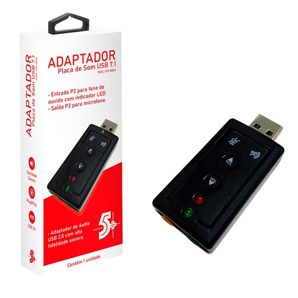 Adaptador de Placa de Som 7.1 5+, USB, Entrada P2, Plug And Play, Preto -  015-0063 | KaBuM!
