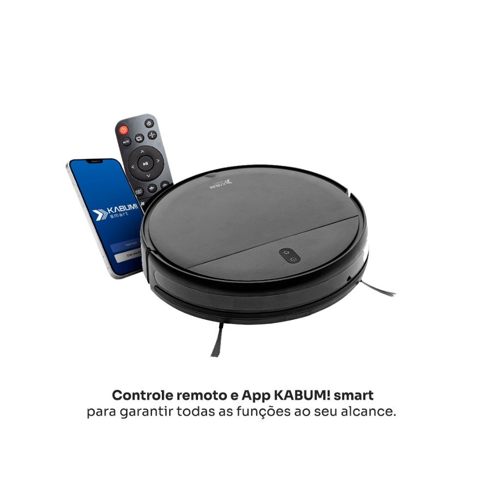 Robô Aspirador e Passa Pano KABUM! smart 100 - 5 Modos de Limpeza, Sensor Anti-Queda, Carregamento Automático, Aplicativo, Bivolt, Preto - KBSF007 Robô Aspirador e Passa Pano KABUM! smart 100 - 5 Modos de Limpeza, Sensor Anti-Queda, Carregamento Automático, Aplicativo, Bivolt, Preto - KBSF007