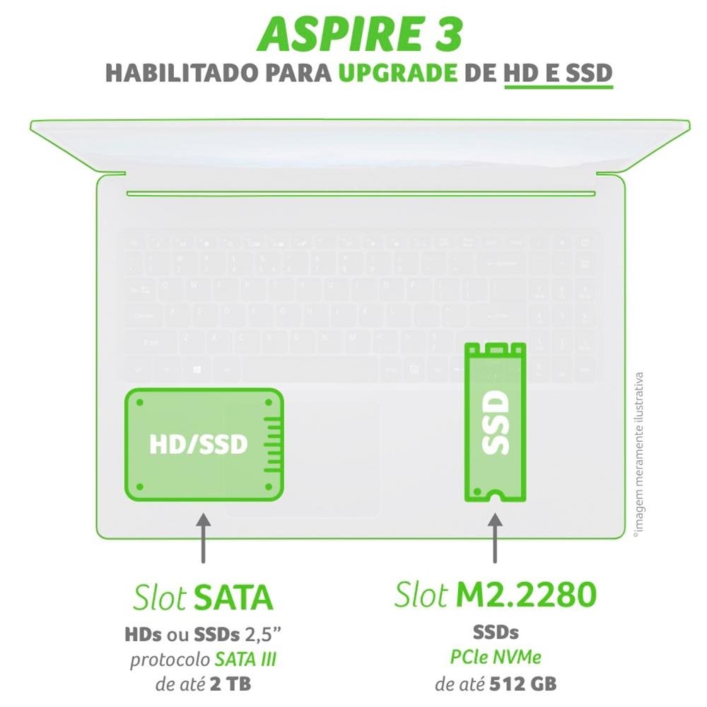 Imagem 8 de 9 do produto Notebook Acer Aspire 3  AMD Ryzen 5-3500U, 8GB RAM, SSD 512GB NVMe, 15.6" HD, Win10 Home, Preto - A315-23-R6HC