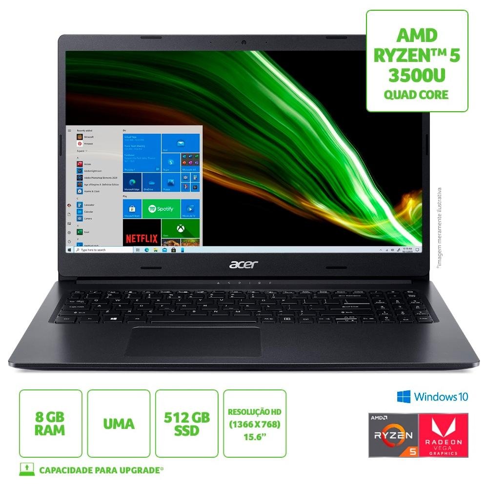 Notebook Acer Aspire 3 AMD Ryzen 5-3500U, 8GB RAM, SSD 512GB NVMe, 15.6 HD,  Windows 10 Home, Preto - A315-23-R6HC | KaBuM!