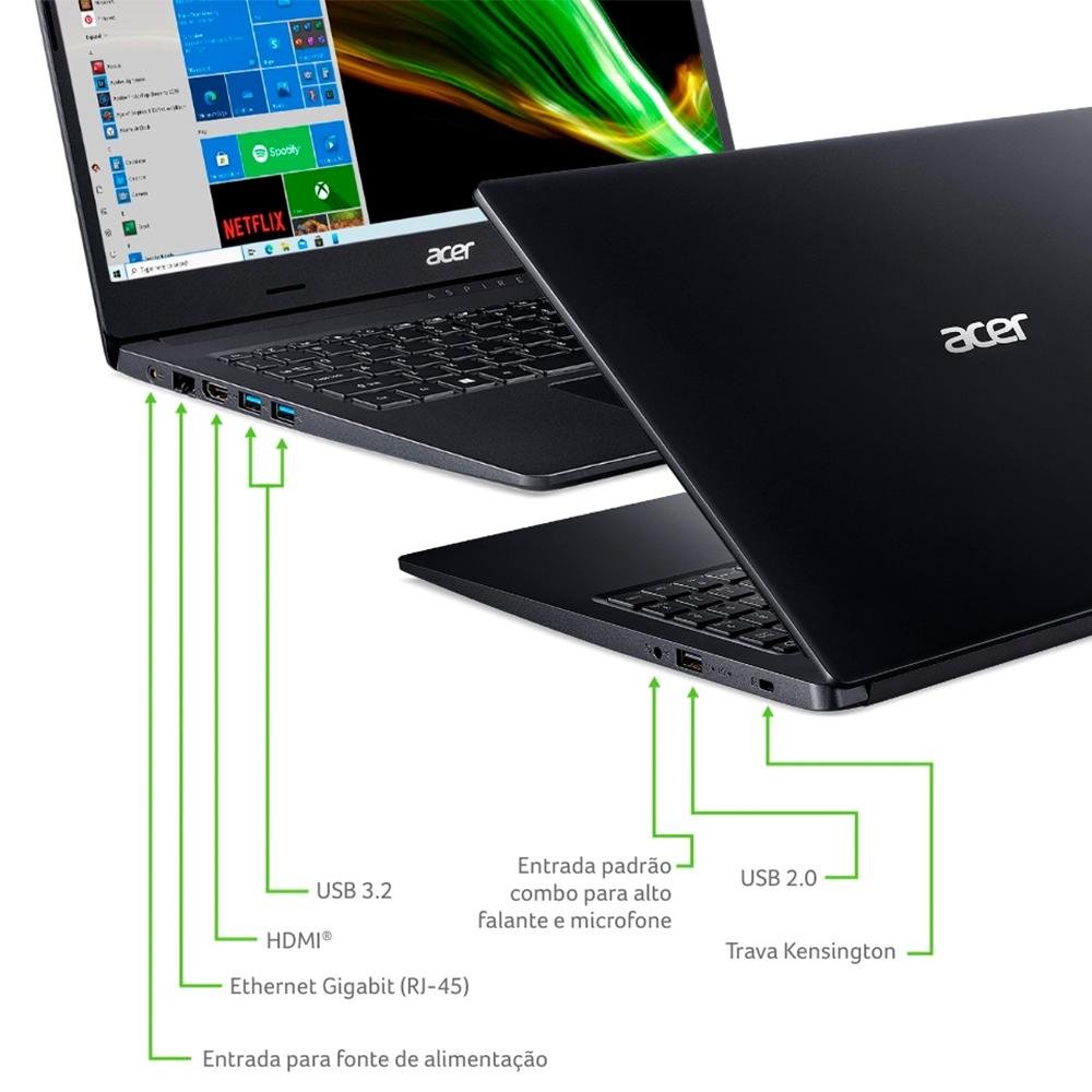 Notebook Acer Aspire 3 AMD Ryzen 5-3500U, 8GB RAM, SSD 512GB NVMe, 15.6" HD, Win10 Home, Preto - A315-23-R6HC Notebook Acer Aspire 3 AMD Ryzen 5-3500U, 8GB RAM, SSD 512GB NVMe, 15.6" HD, Win10 Home, Preto - A315-23-R6HC