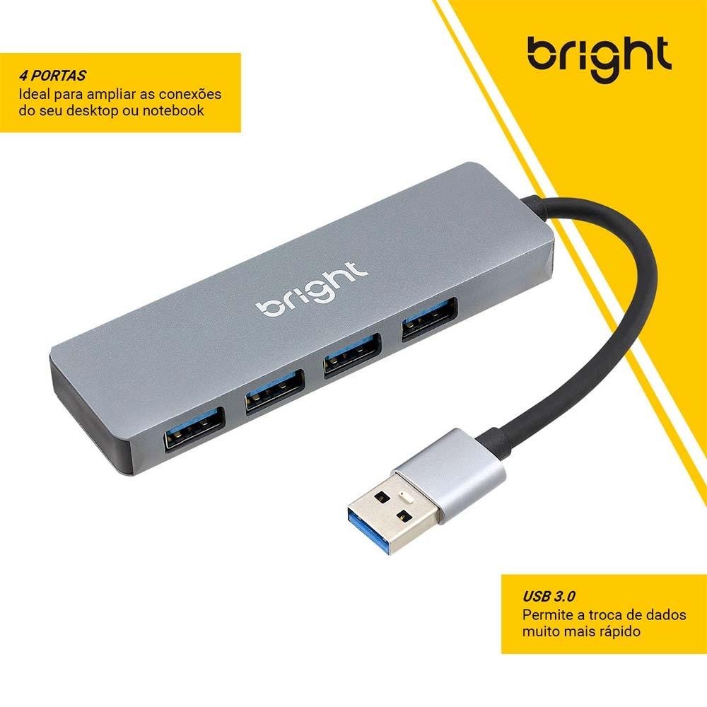 Imagem 5 de 7 do produto HUB USB 3.0 Bright, 4 Portas, 5Gbps, Compacto, Plug And Play - 598