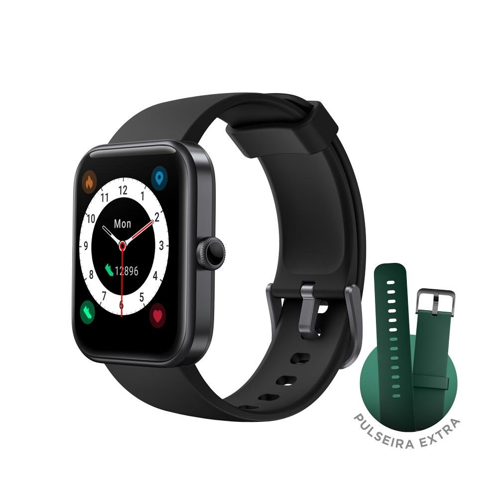 Smartwatch KaBuM! smart 700, Preto, Pulseira Extra Verde Escuro, Compatível IoT Alexa - KBSAC018