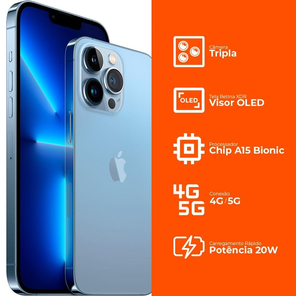 iPhone 13 Pro Max 256GB Azul Sierra, 5G, Tela de 6.7, Câmera Tripla 12MP - MLLE3BZ/A