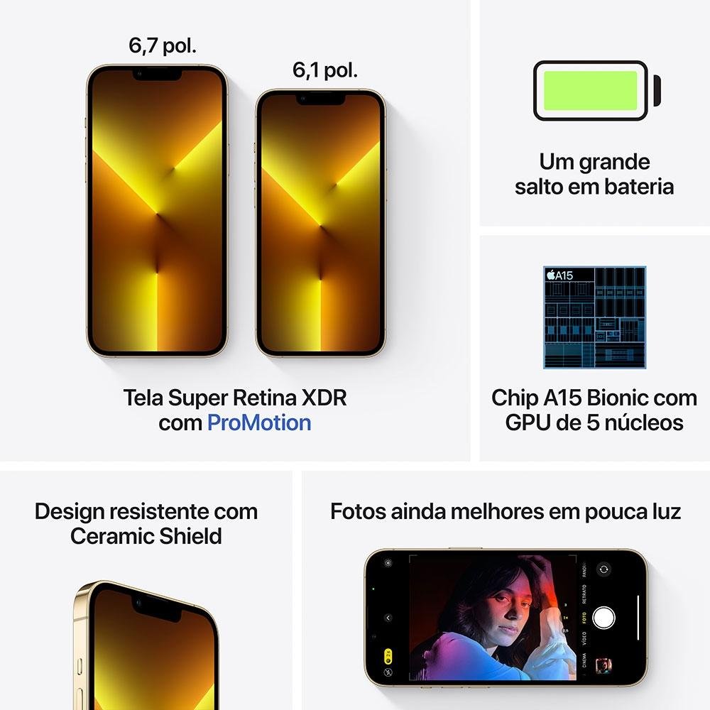 iPhone 13 Pro Apple 128GB Dourado, 5G, Tela 6.1", Câmera Tripla 12MP - MLVC3BZ/A iPhone 13 Pro Apple 128GB Dourado, 5G, Tela 6.1", Câmera Tripla 12MP - MLVC3BZ/A