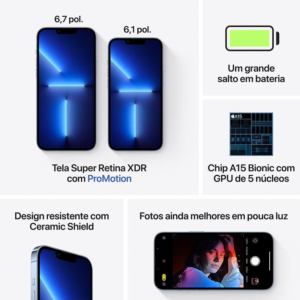 iPhone 13 Pro 128GB Azul Sierra, 5G, Tela de 6.1, Câmera Tripla 12MP - MLVD3BZ/A iPhone 13 Pro 128GB Azul Sierra, 5G, Tela de 6.1, Câmera Tripla 12MP - MLVD3BZ/A