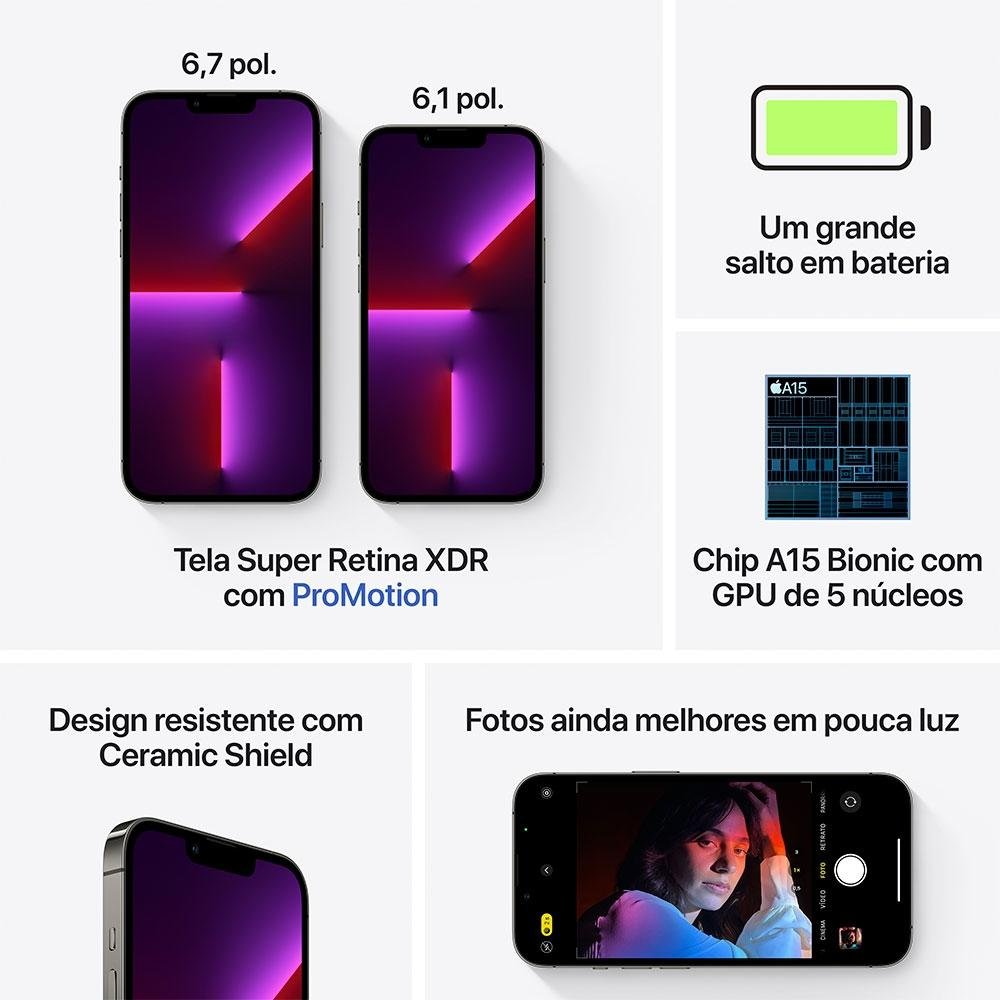 iPhone 13 Pro 256GB Grafite, 5G, Tela de 6.1, Câmera Tripla 12MP - MLVE3BZ/A iPhone 13 Pro 256GB Grafite, 5G, Tela de 6.1, Câmera Tripla 12MP - MLVE3BZ/A