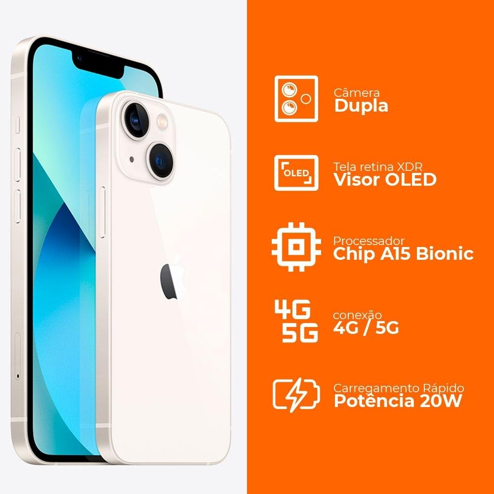 iPhone 13 128GB Estelar, 5G, Tela de 6.1, Câmera Dupla 12MP - MLPG3BZ/A iPhone 13 128GB Estelar, 5G, Tela de 6.1, Câmera Dupla 12MP - MLPG3BZ/A