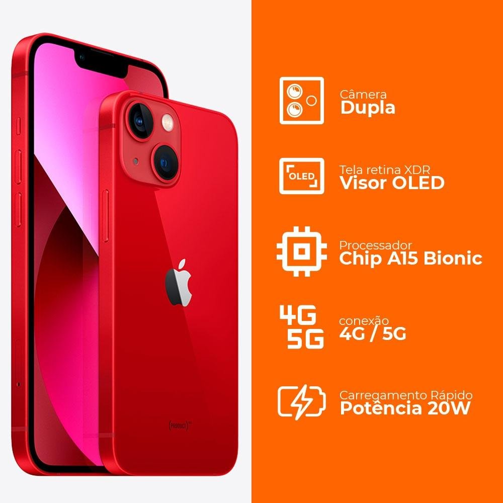 iPhone 13 Apple 128GB Vermelho, 5G, Tela 6.1!, Câmera Dupla 12MP - MLPJ3BZ/A