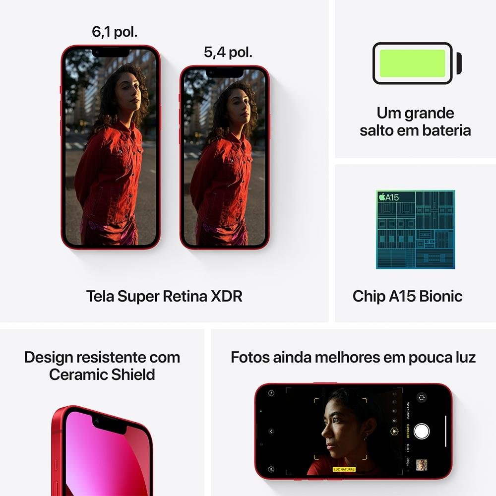 Imagem 10 de 10 do produto iPhone 13 256GB Vermelho, 5G, Tela de 6.1, Câmera Dupla 12MP - MLQ93BZ/A