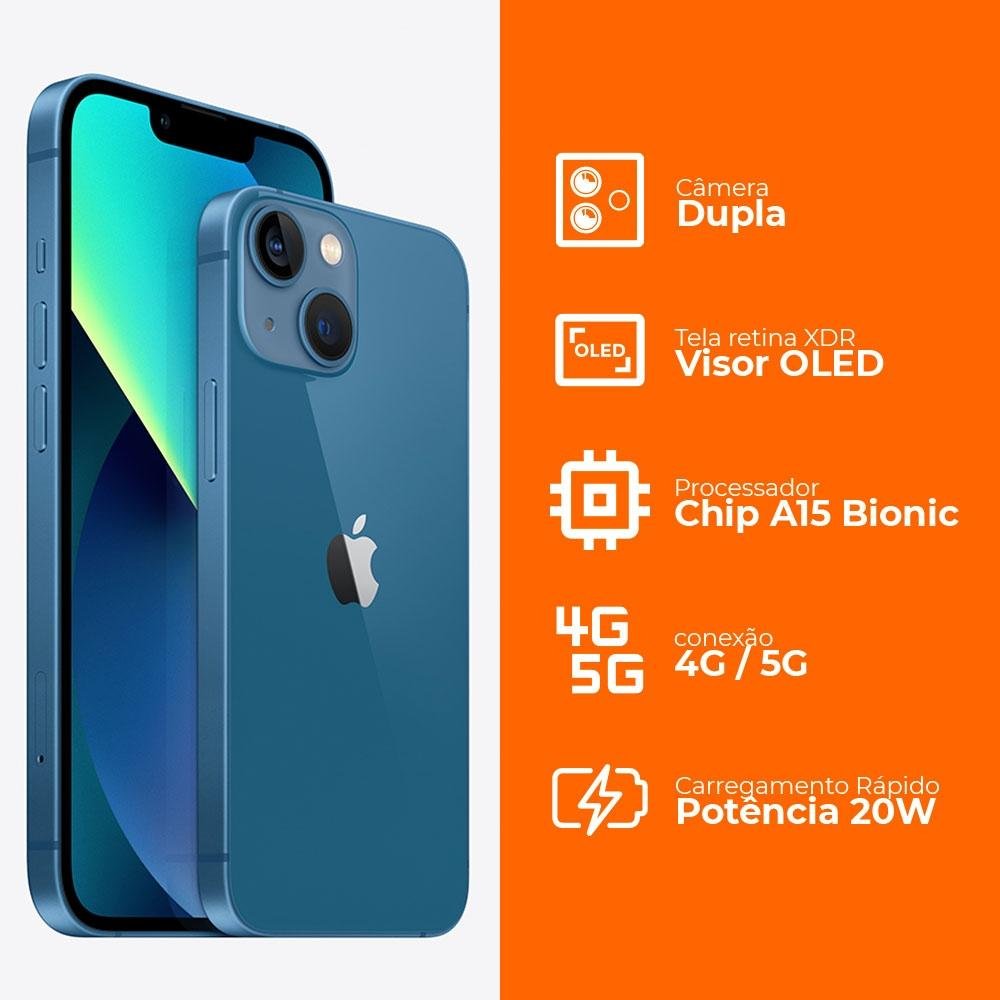iPhone 13 256GB Azul, 5G, Tela de 6.1, Câmera Dupla 12MP - MLQA3BZ/A iPhone 13 256GB Azul, 5G, Tela de 6.1, Câmera Dupla 12MP - MLQA3BZ/A