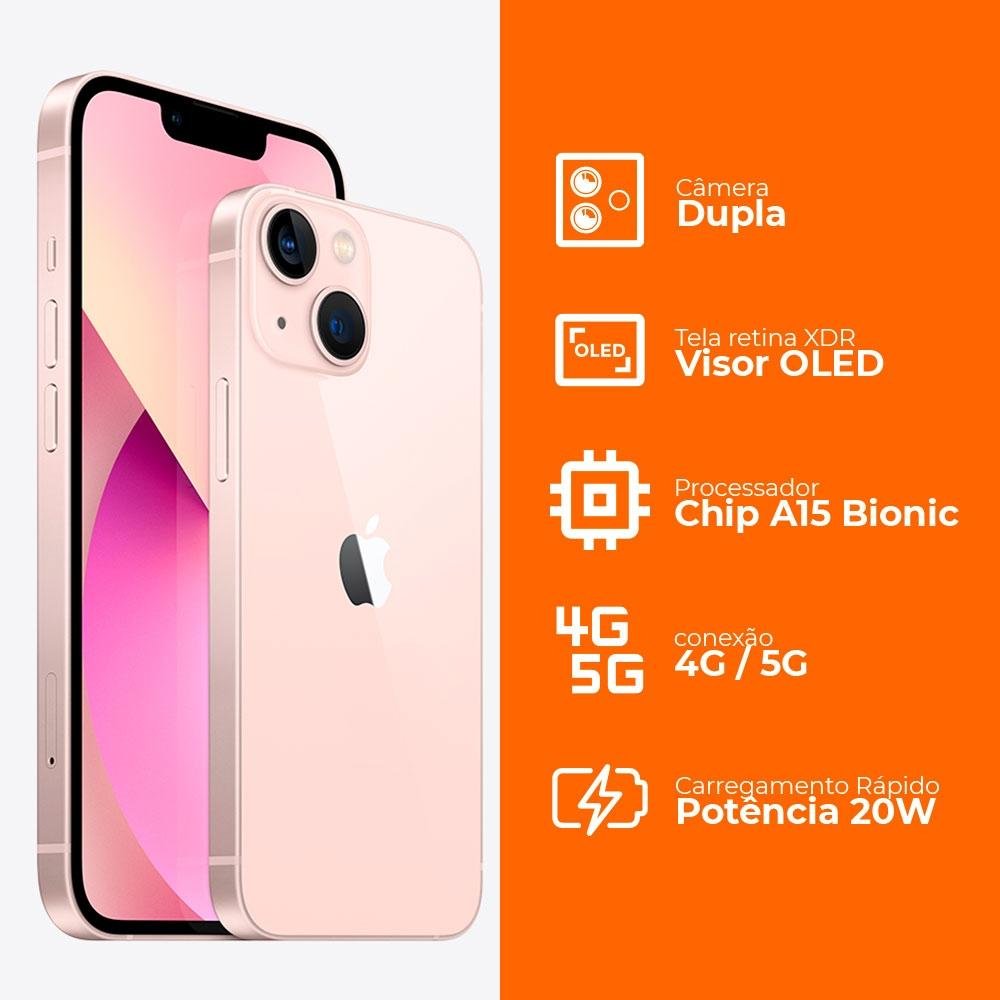 iPhone 13 512GB Rosa, 5G, Tela de 6.1, Câmera Dupla 12MP - MLQE3BZ/A
