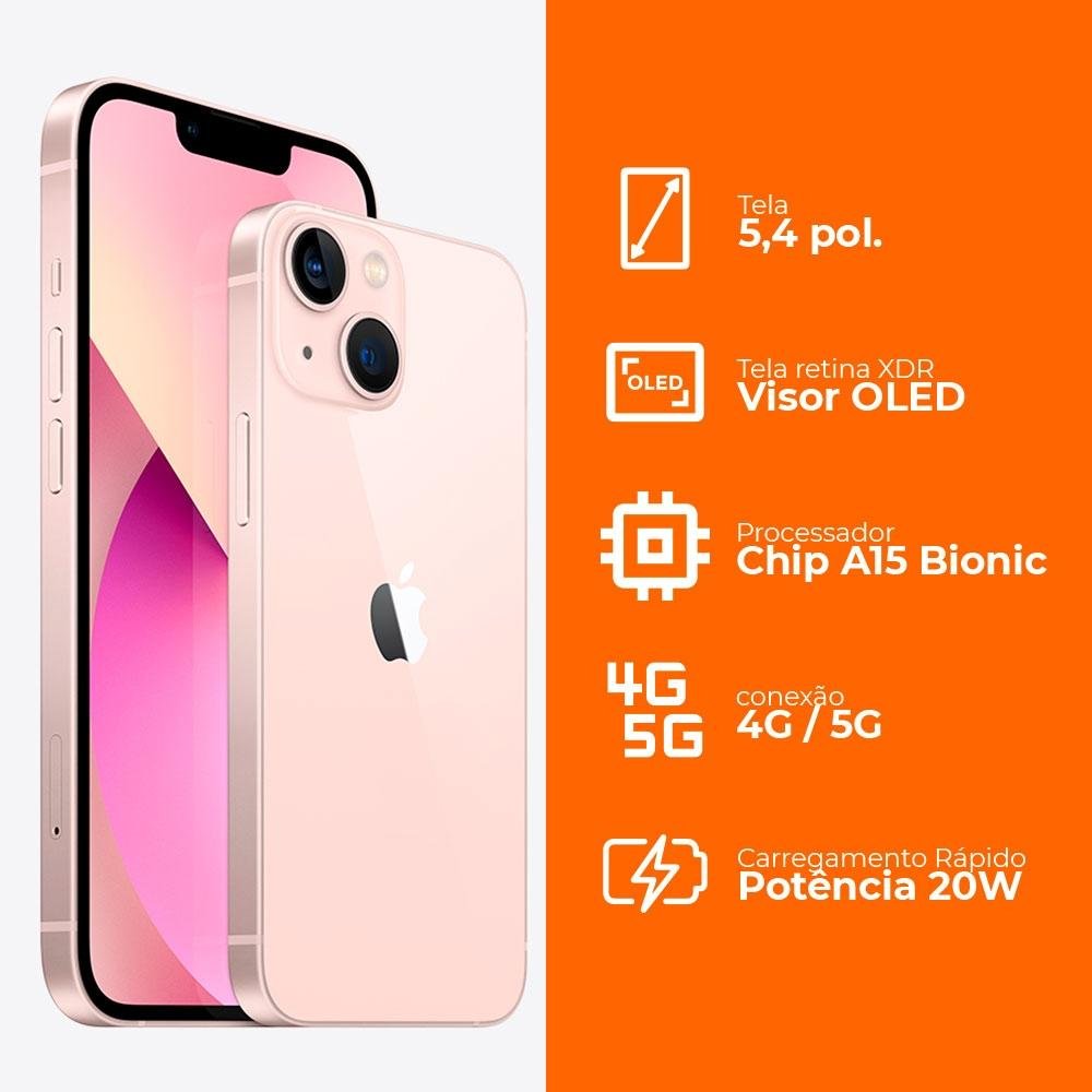 iPhone 13 Mini 128GB Rosa, 5G, Tela de 5.4, Câmera Dupla 12MP - MLK23BZ/A
