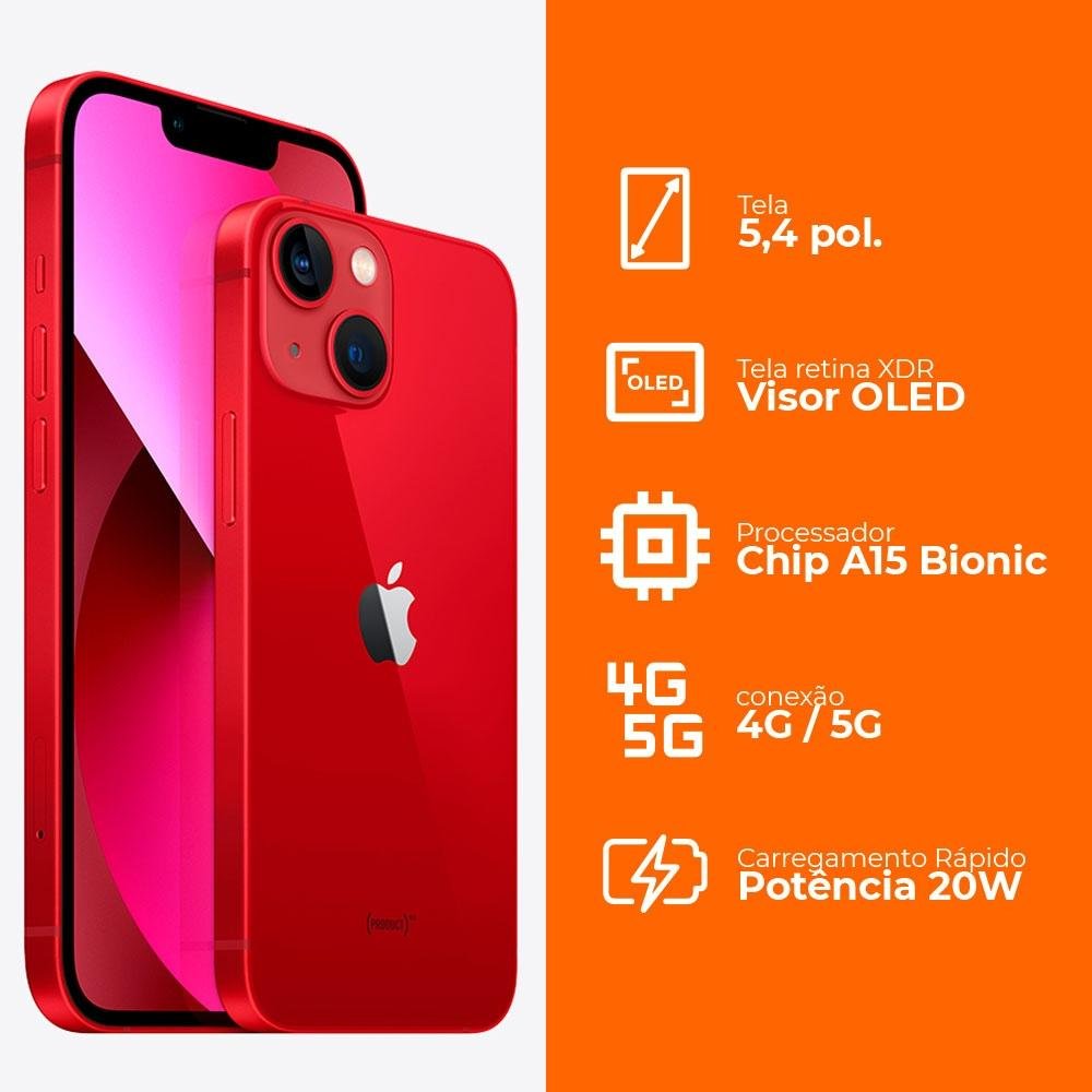 iPhone 13 Mini 128GB Vermelho, 5G, Tela de 5.4, Câmera Dupla 12MP - MLK33BZ/A iPhone 13 Mini 128GB Vermelho, 5G, Tela de 5.4, Câmera Dupla 12MP - MLK33BZ/A