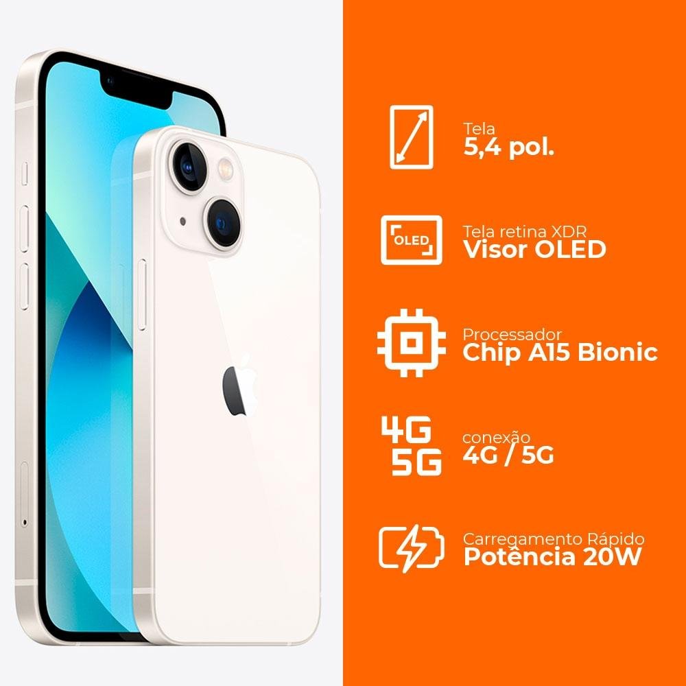 iPhone 13 Mini 512GB Estelar, 5G, Tela de 5.4, Câmera Dupla 12MP - MLKC3BZ/A iPhone 13 Mini 512GB Estelar, 5G, Tela de 5.4, Câmera Dupla 12MP - MLKC3BZ/A