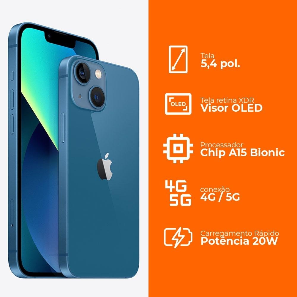iPhone 13 Mini 512GB Azul, 5G, Tela de 5.4, Câmera Dupla 12MP - MLKF3BZ/A iPhone 13 Mini 512GB Azul, 5G, Tela de 5.4, Câmera Dupla 12MP - MLKF3BZ/A