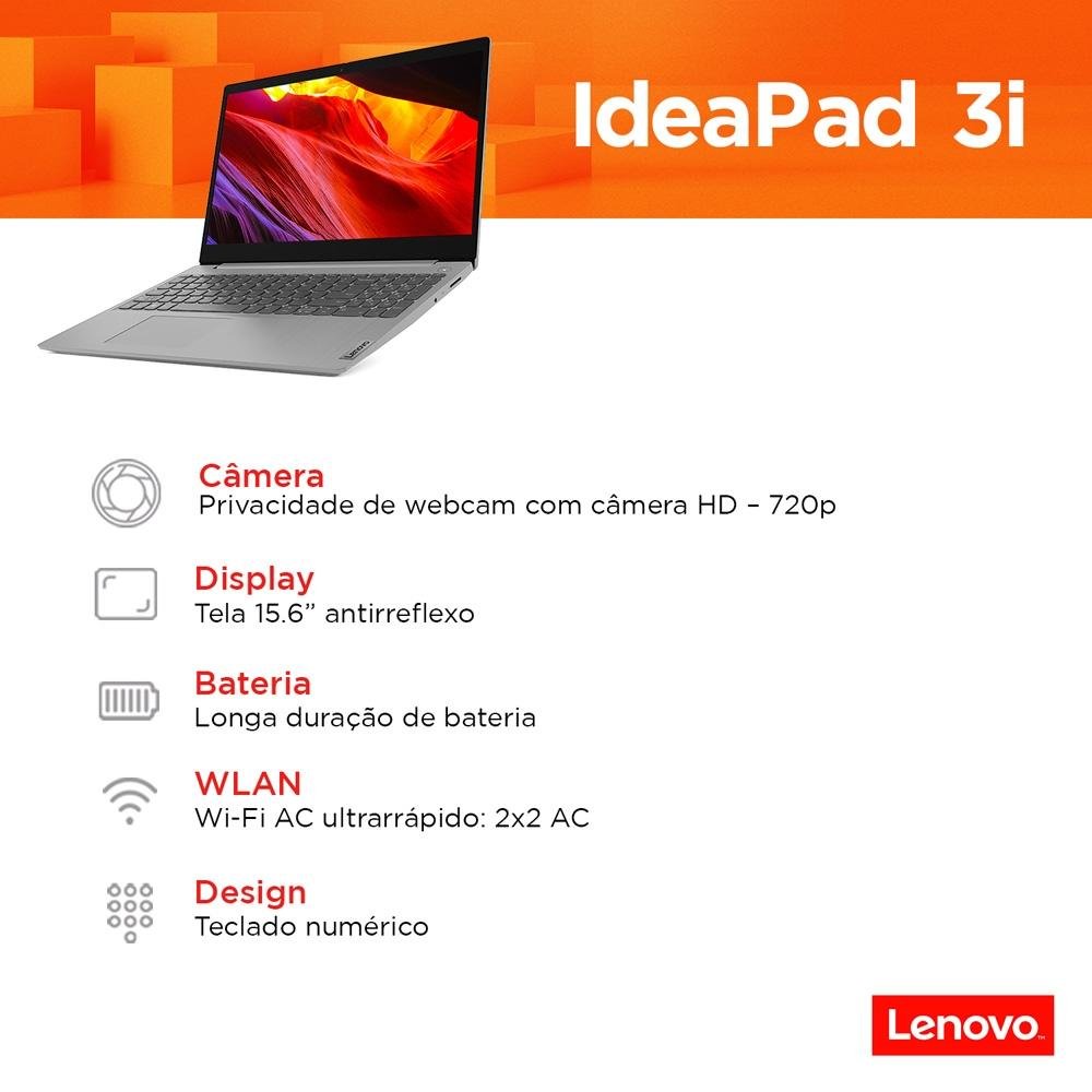 Notebook Lenovo Ultrafino IdeaPad 3i Intel Core i3-10110U, 4GB, SSD 256GB, Windows 11, 15.6, Prata - 82BS000JBR