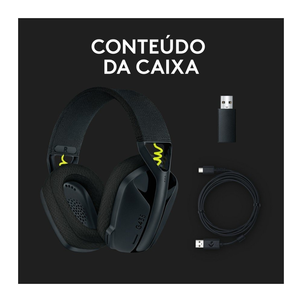 Imagem 9 de 9 do produto Headset Gamer Sem Fio Logitech G435, Lightspeed e Bluetooth, Dolby Atmos, USB, PC, PS4, PS5, Mobile, Drivers 40mm, Preto - 981-001049