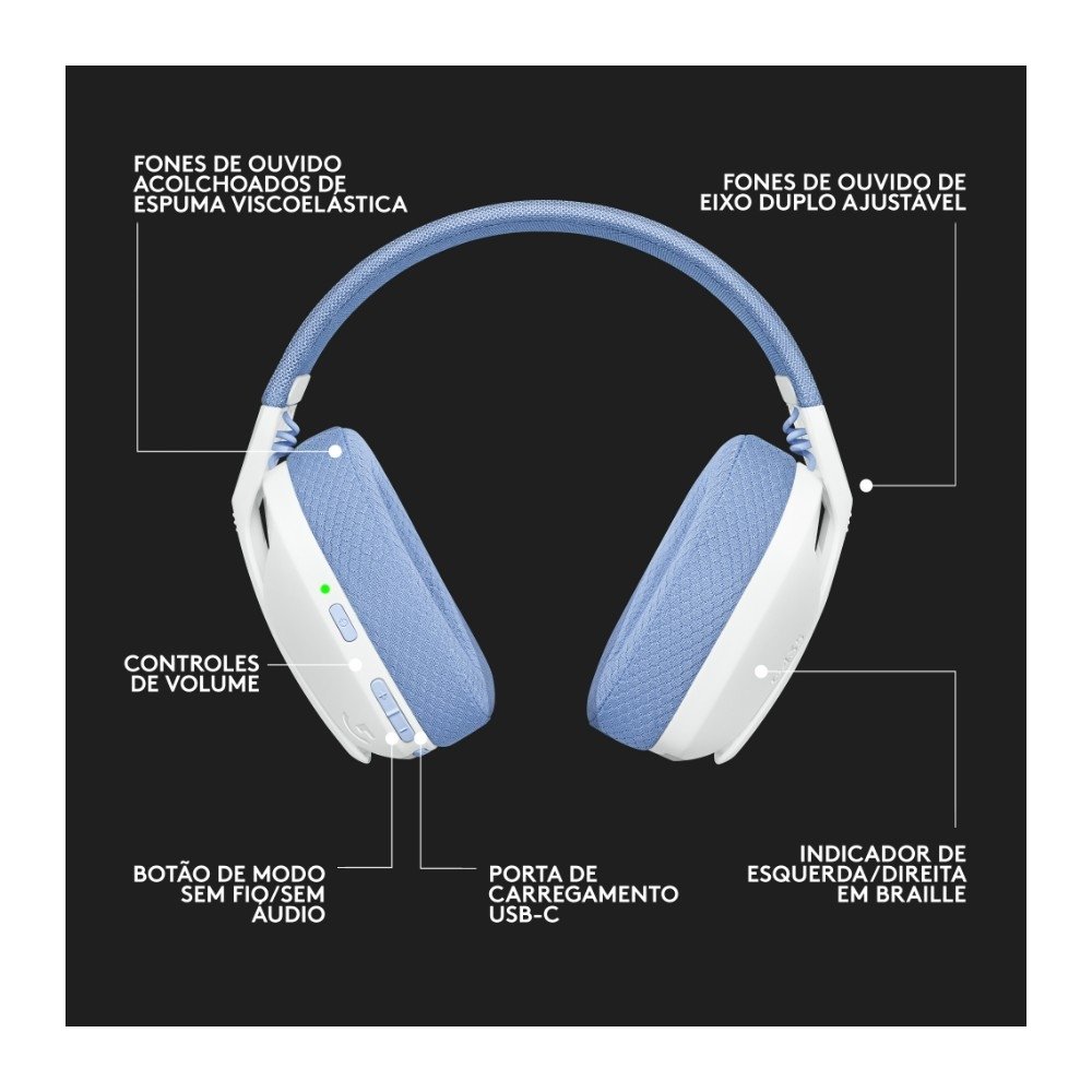 Imagem 8 de 9 do produto Headset Gamer Sem Fio Logitech G435, Lightspeed e Bluetooth, Dolby Atmos, USB, PC, PS4, PS5, Mobile, Drivers 40mm, Branco - 981-001073