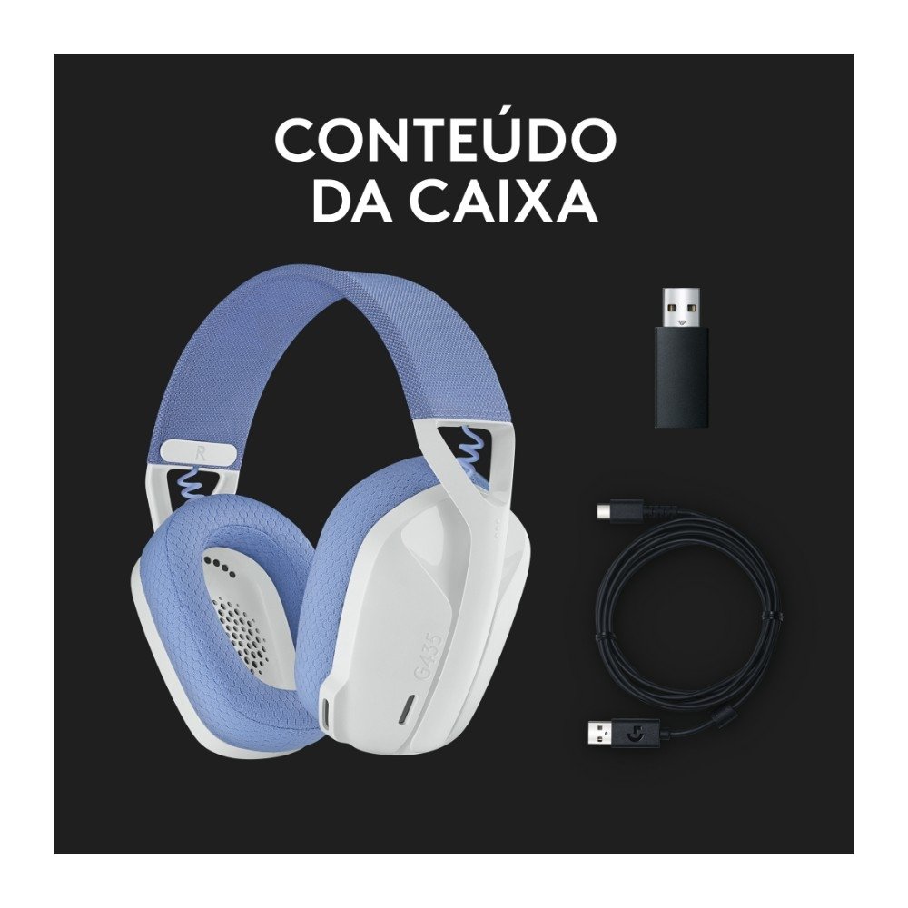 Imagem 9 de 9 do produto Headset Gamer Sem Fio Logitech G435, Lightspeed e Bluetooth, Dolby Atmos, USB, PC, PS4, PS5, Mobile, Drivers 40mm, Branco - 981-001073