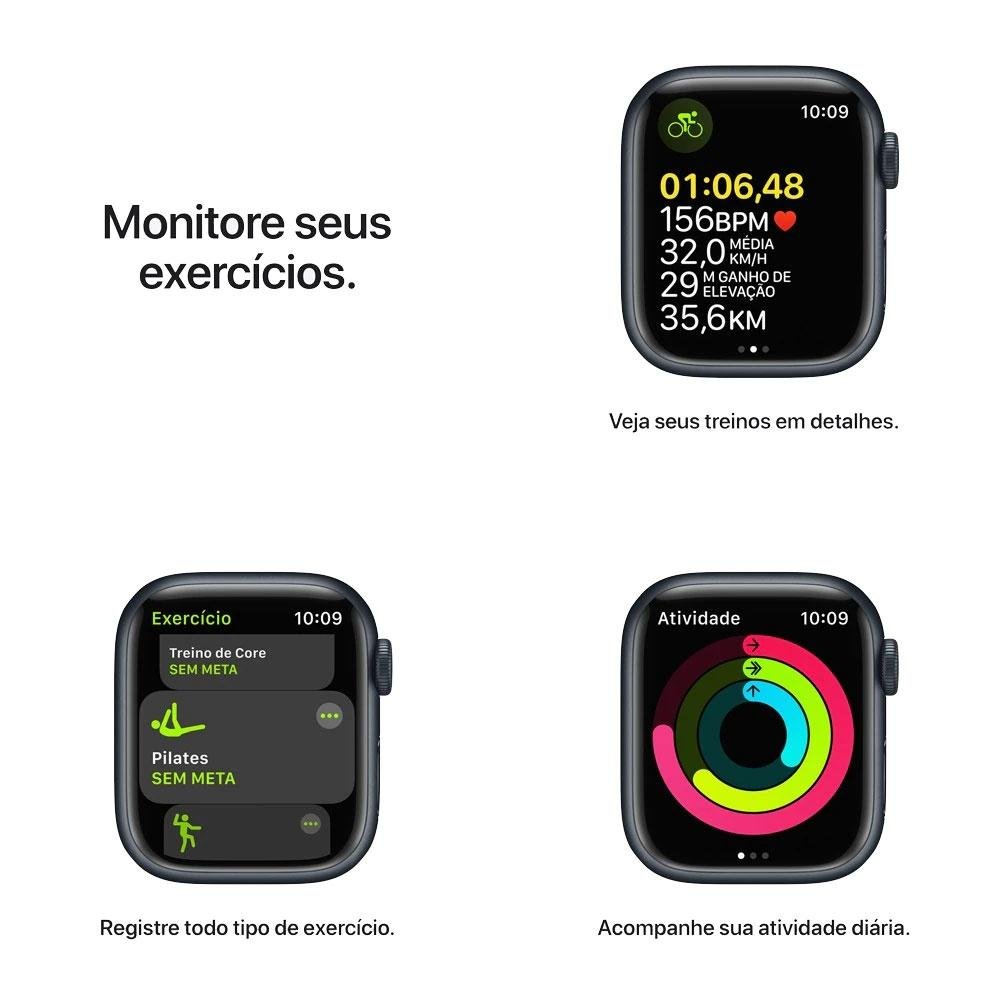 Imagem 7 de 8 do produto Apple Watch Series 7, 45MM, GPS, Caixa de Alumínio e Pulseira Esportiva Preto Meia Noite - MKN53LL/A