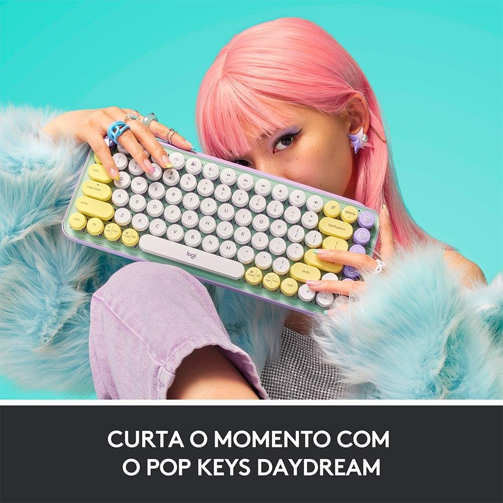 Teclado Mecânico Sem Fio Logitech POP Keys, Switch Brown, Bluetooth, Teclas Emoji Personalizáveis, USB, Daydream - 920-010711 Teclado Mecânico Sem Fio Logitech POP Keys, Switch Brown, Bluetooth, Teclas Emoji Personalizáveis, USB, Daydream - 920-010711