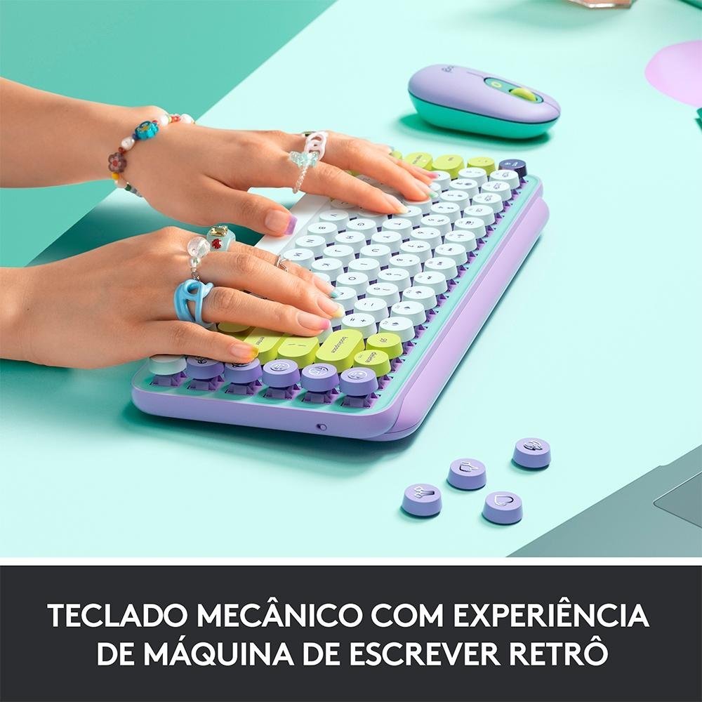 Teclado Mecânico Sem Fio Logitech POP Keys, Switch Brown, Bluetooth, Teclas Emoji Personalizáveis, USB, Daydream - 920-010711 Teclado Mecânico Sem Fio Logitech POP Keys, Switch Brown, Bluetooth, Teclas Emoji Personalizáveis, USB, Daydream - 920-010711