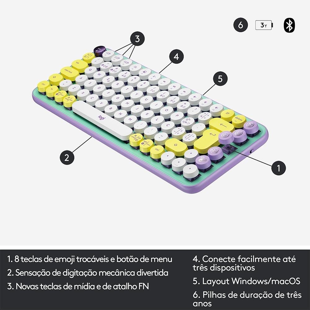 Teclado Mecânico Sem Fio Logitech POP Keys, Switch Brown, Bluetooth, Teclas Emoji Personalizáveis, USB, Daydream - 920-010711 Teclado Mecânico Sem Fio Logitech POP Keys, Switch Brown, Bluetooth, Teclas Emoji Personalizáveis, USB, Daydream - 920-010711