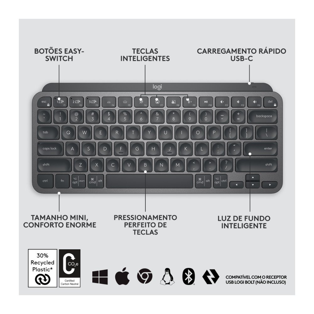 Imagem 6 de 12 do produto Teclado Sem Fio Logitech MX Keys Mini, Iluminação Smart, Bluetooth, USB, Easy-Switch, Recarregável, Grafite - 920-010505