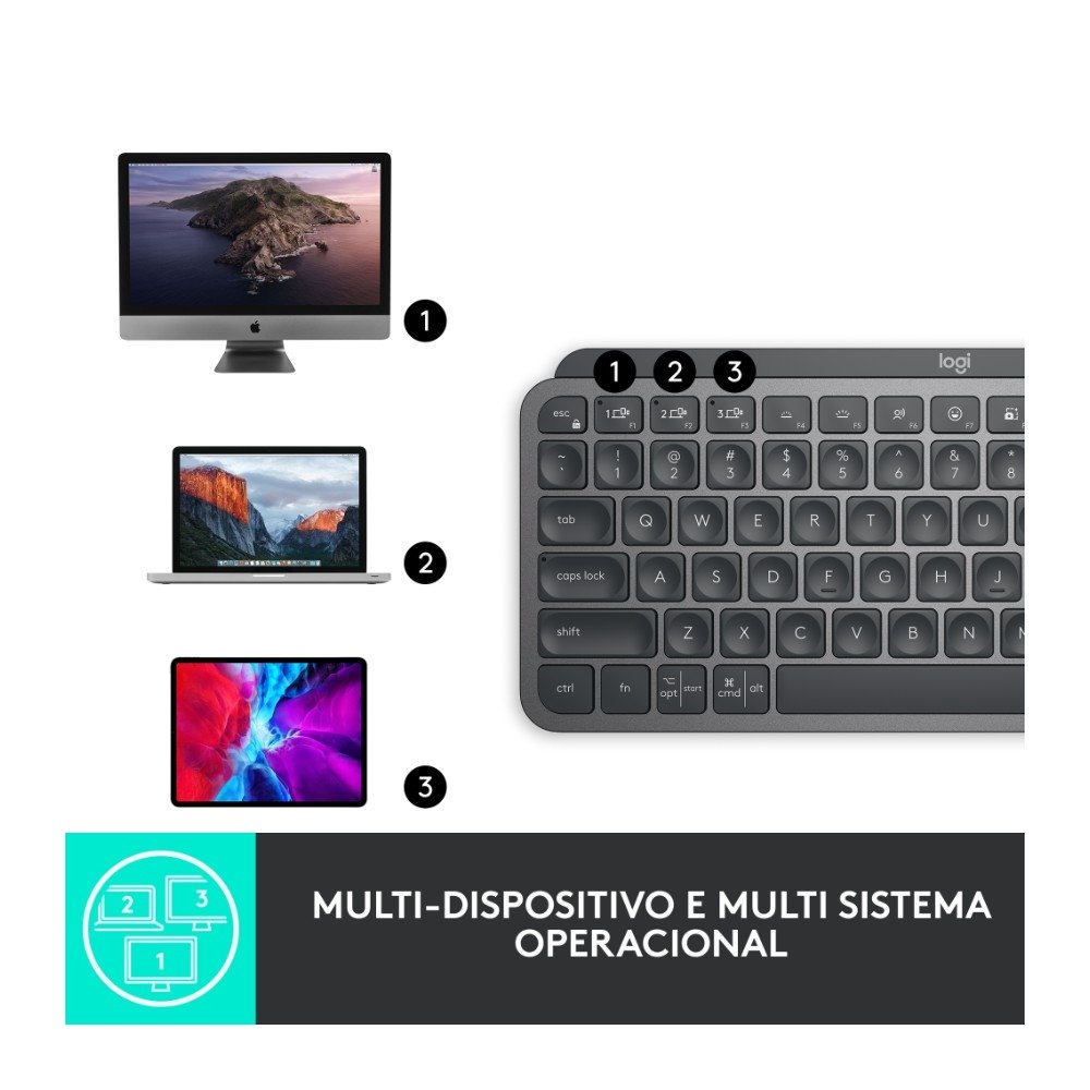 Imagem 8 de 12 do produto Teclado Sem Fio Logitech MX Keys Mini, Iluminação Smart, Bluetooth, USB, Easy-Switch, Recarregável, Grafite - 920-010505