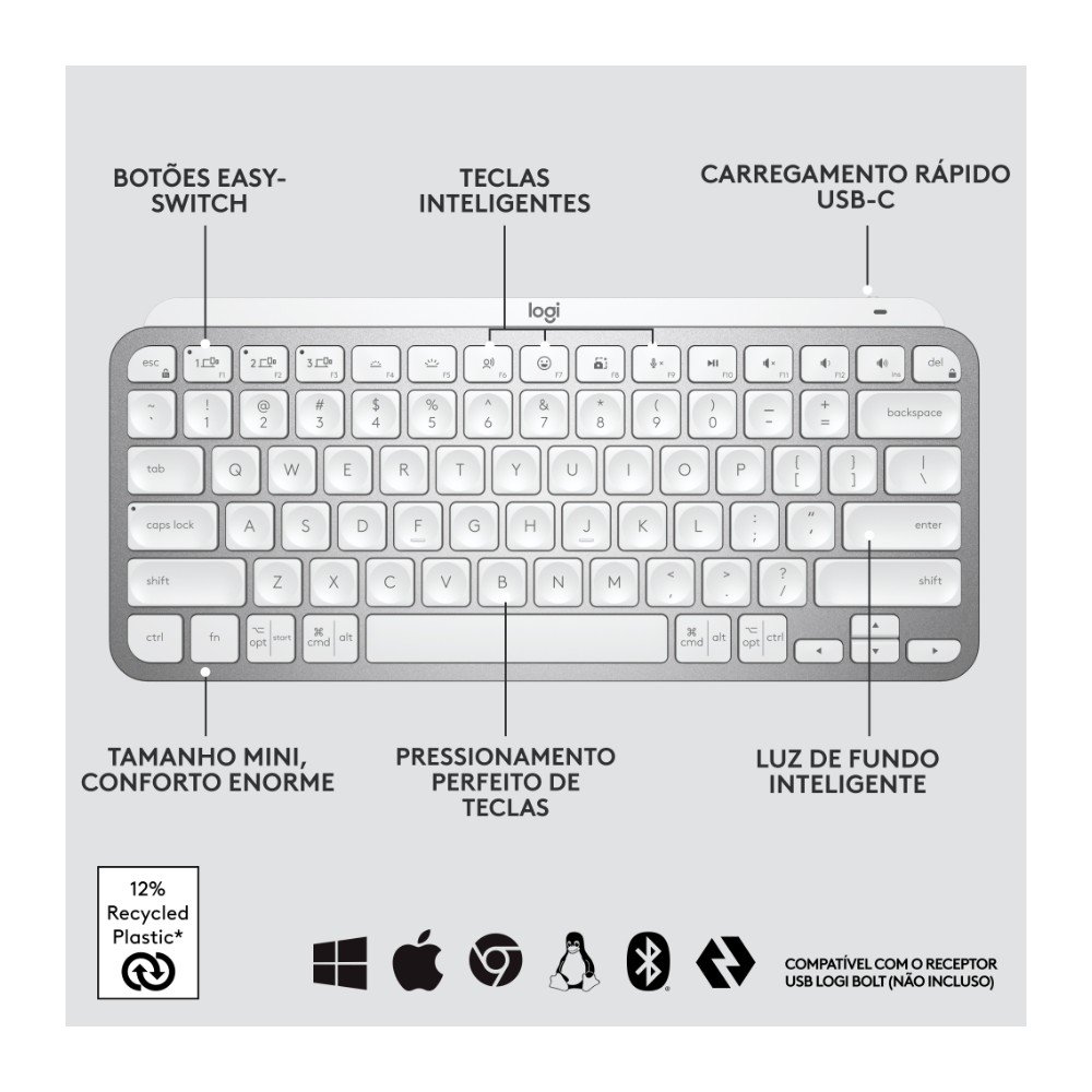 Teclado Sem Fio ( Balão.info) Mini, Iluminação Smart, Bluetooth, USB, Easy-Switch, Recarregável, Cinza Claro - 920-( Balão.info - foto 6