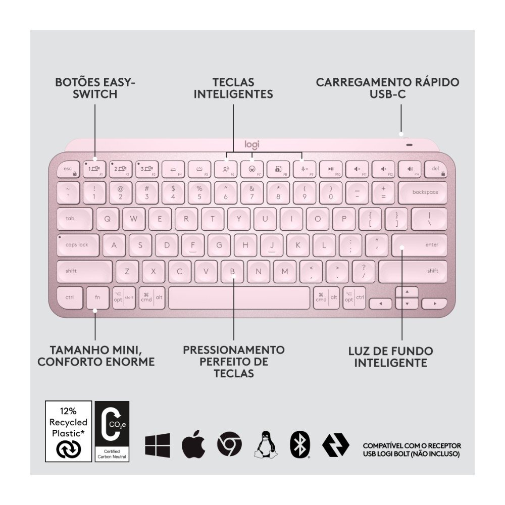 Teclado Sem Fio ( Balão.info) Mini, Iluminação Smart, Bluetooth, USB, Easy-Switch, Recarregável, Rosa - 920-( Balão.info - foto 6