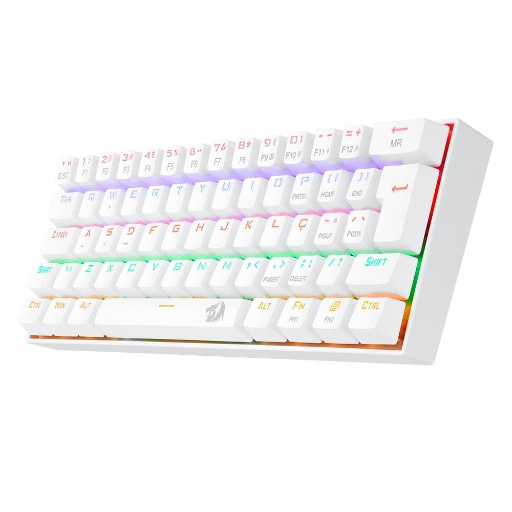 Imagem 2 de 9 do produto Teclado Mecânico Gamer Redragon Lakshmi Lunar White, Rainbow, Switch Blue, Layout 60%, ABNT2, Branco - K606W-R (PT-BLUE)