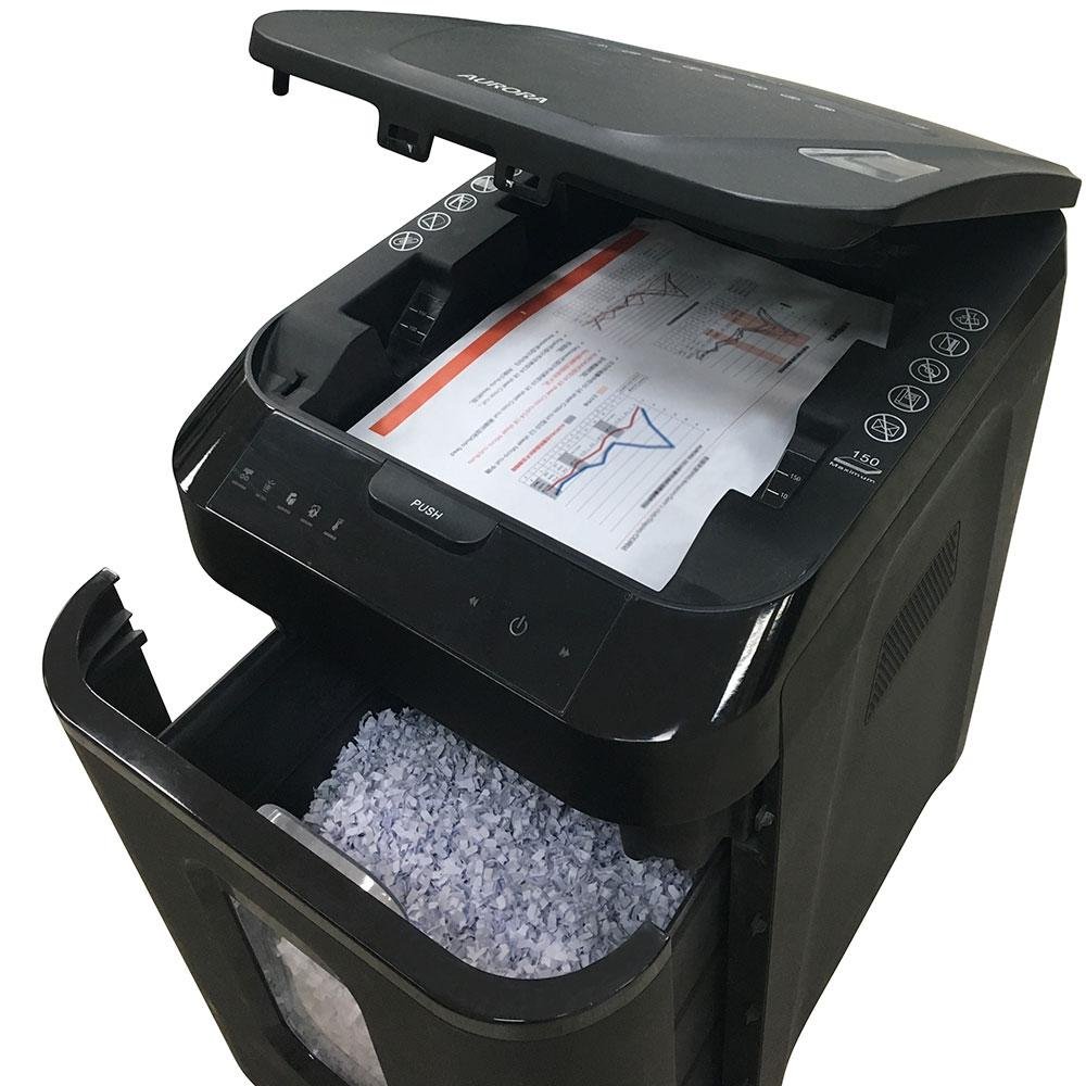 Imagem 2 de 2 do produto Fragmentadora Aurora, Corte em Partículas, Até 150 Folhas, Cartão/Grampo e Clip, 32,2 Litros, Com rodas, 110V - AS152CM