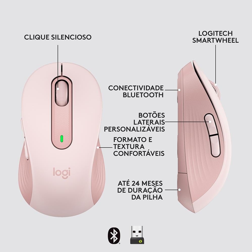 Mouse Sem Fio ( Balão.info) Signature M650, 2000 DPI, Compacto, 5 Botões, Silencioso, Bluetooth, USB, Rose - 910-( Balão.info - foto 7