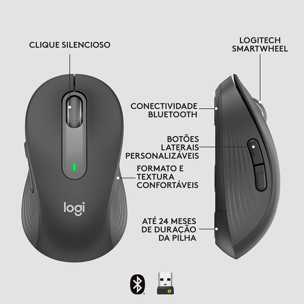 Mouse Sem Fio ( Balão.info) Signature M650 L 2000 DPI, Design Padrão, 5 Botões, Silencioso, Bluetooth, USB, Grafite - 910-( Balão.info - foto 7
