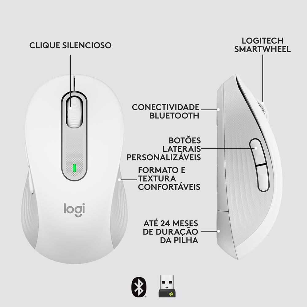 Mouse Sem Fio ( Balão.info) Signature M650 L 2000 DPI, Design Padrão, 5 Botões, Silencioso, Bluetooth, USB, Branco - 910-( Balão.info - foto 7