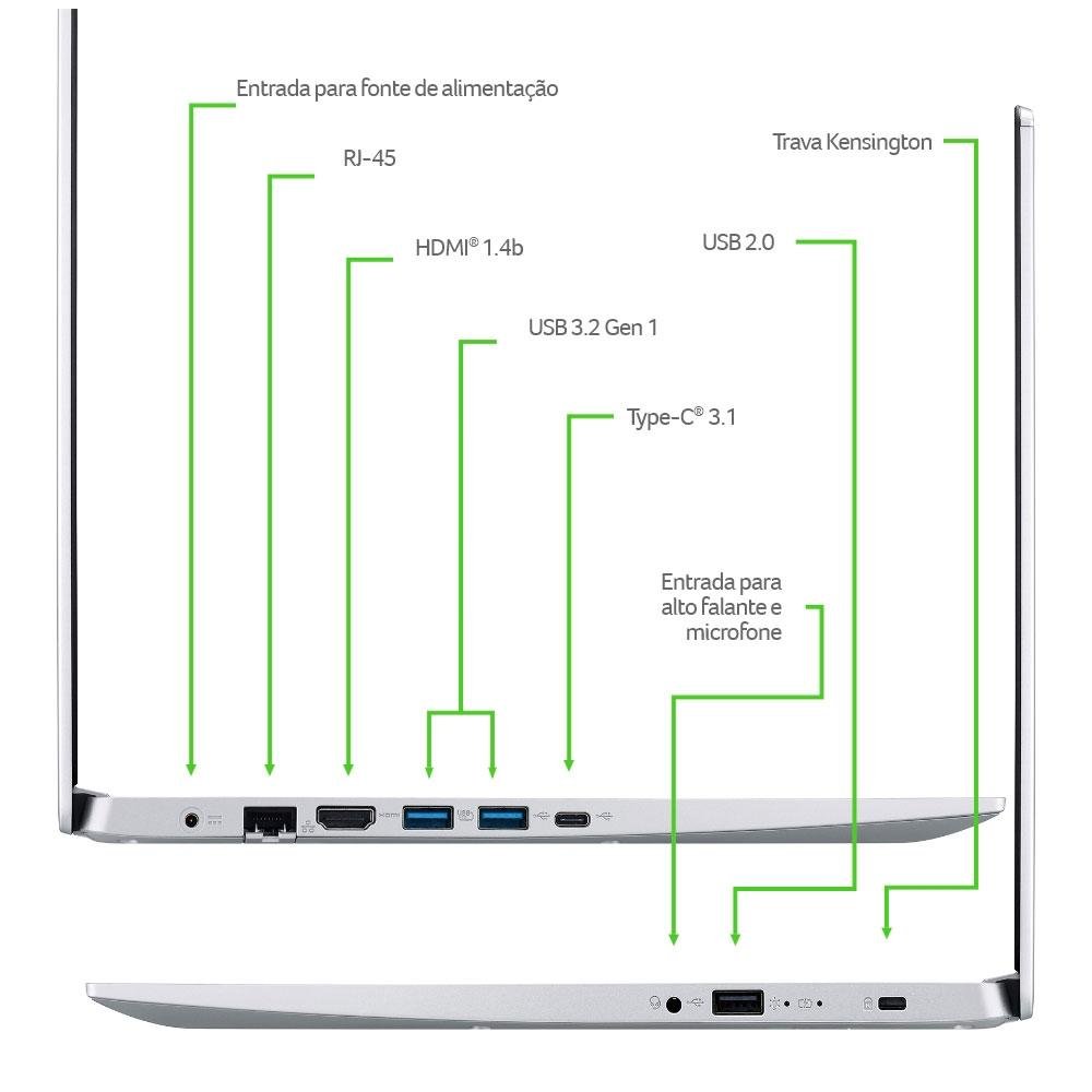 Imagem 6 de 7 do produto Notebook Acer Aspire 5 Intel Core i7-10510U, 8GB RAM, 512GB SSD NVMe, 15.6" FHD, IPS, Win11 Home, Prata - A515-54-74F9