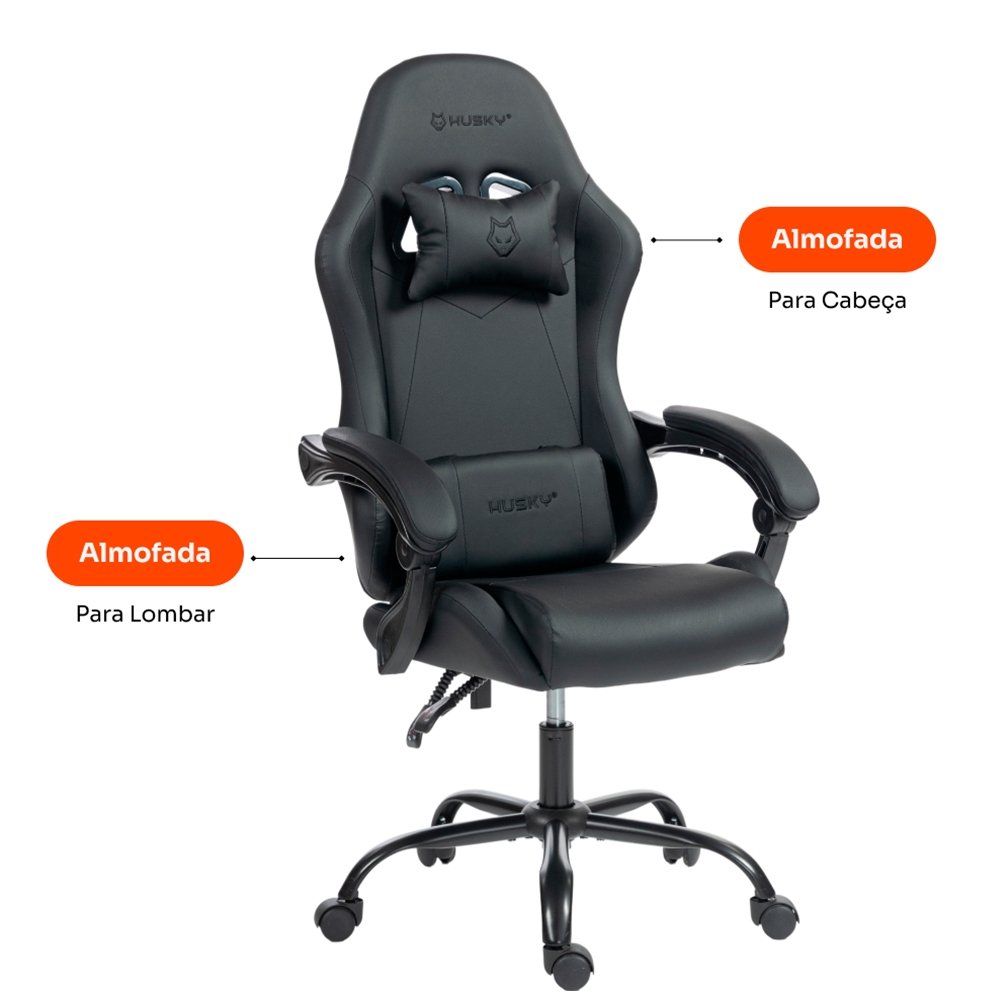 Cadeira Gamer Husky Storm 100, Até 120kg, Almofadas, Reclinável 135º, PU, Preta - HCG100PT