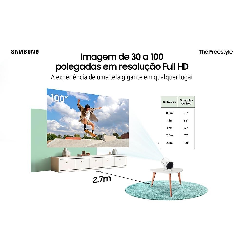 Imagem 12 de 13 do produto Projetor Smart Portátil Samsung The Freestyle, de 30 a 100 Polegadas, LED, 230 Lumens, HDMI, Branco - SP-LSP3BLAXZD