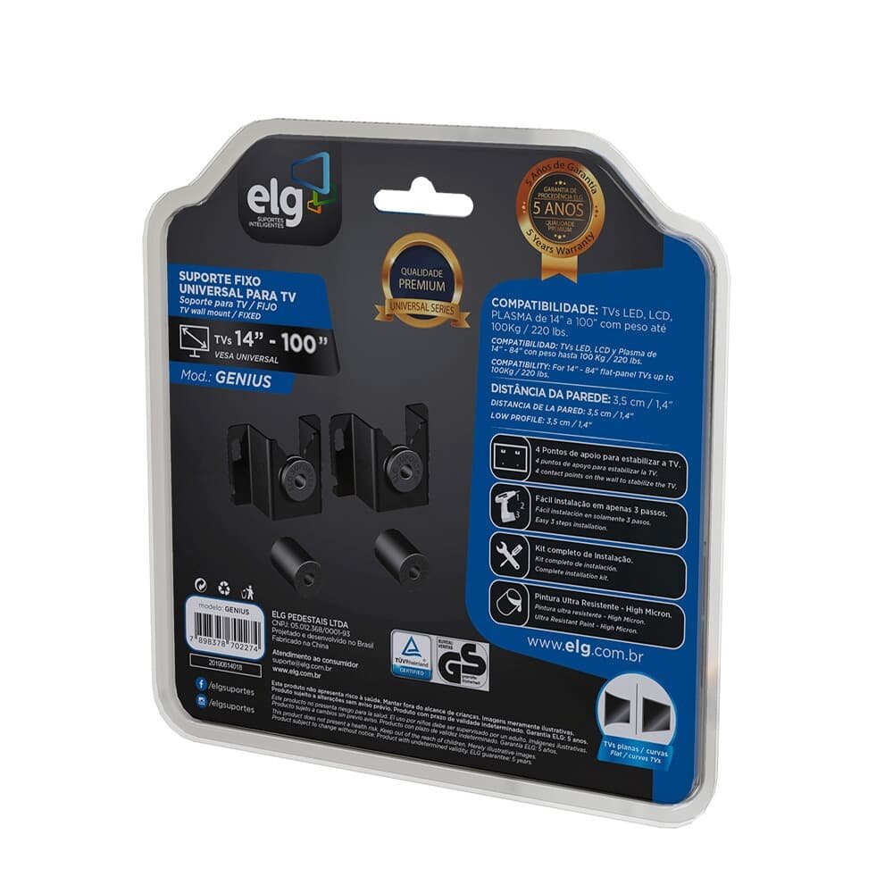 Imagem 6 de 6 do produto Suporte Fixo Universal de Parede para TVs de 14" a 100" ELG Genius, até 100kg, VESA, Preto - GENIUS