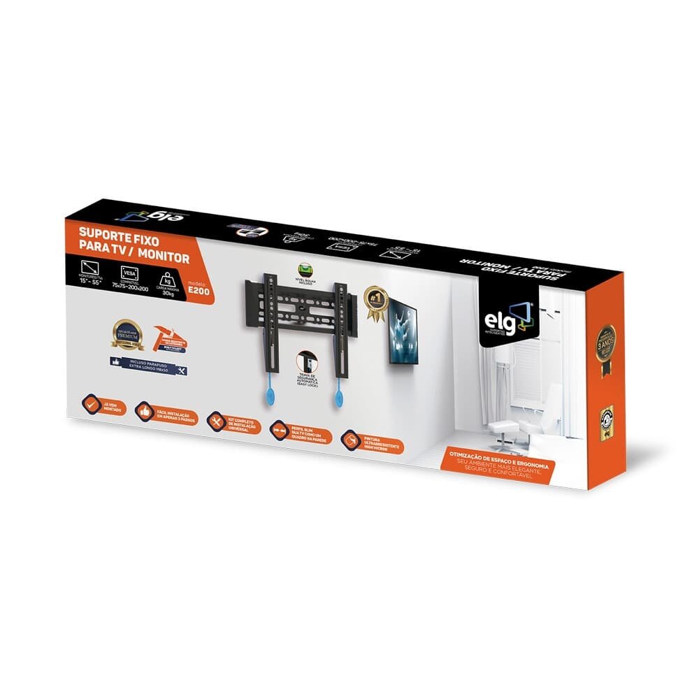 Suporte Fixo de Parede para TVs de 15" a 55" ELG, até 30kg, VESA, Preto - E200 Suporte Fixo de Parede para TVs de 15" a 55" ELG, até 30kg, VESA, Preto - E200