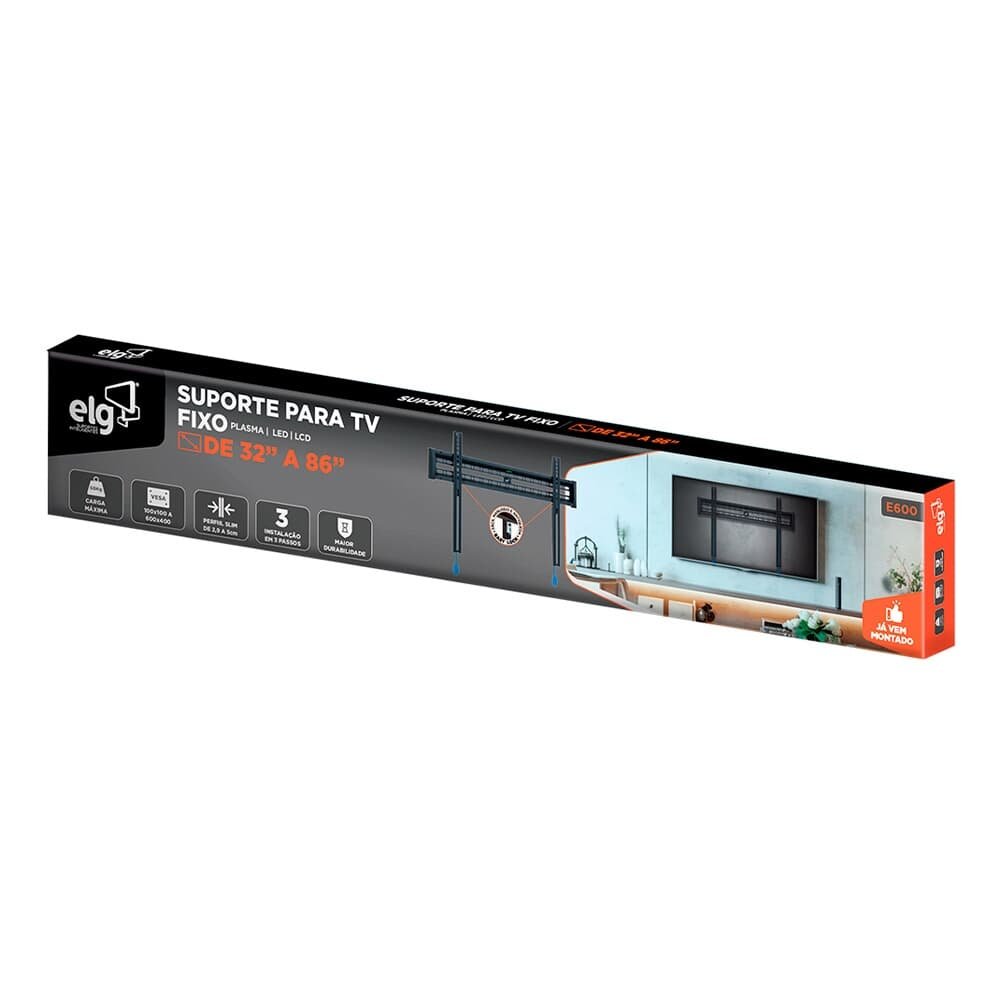 Imagem 4 de 5 do produto Suporte Fixo de Parede para TVs de 32" a 86" ELG, até 50kg, VESA, Preto - E600