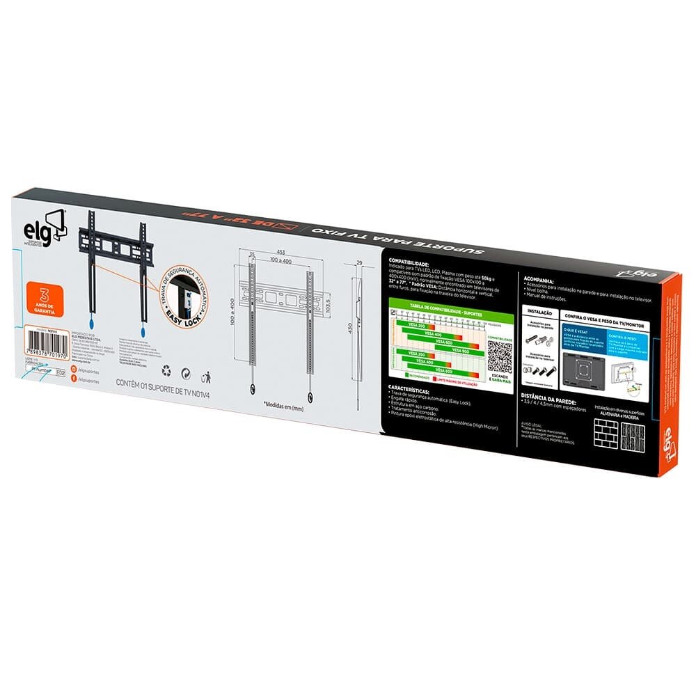 Imagem 4 de 6 do produto Suporte Fixo de Parede para TVs de 32" a 77" ELG, até 50kg, VESA, Preto - N01V4