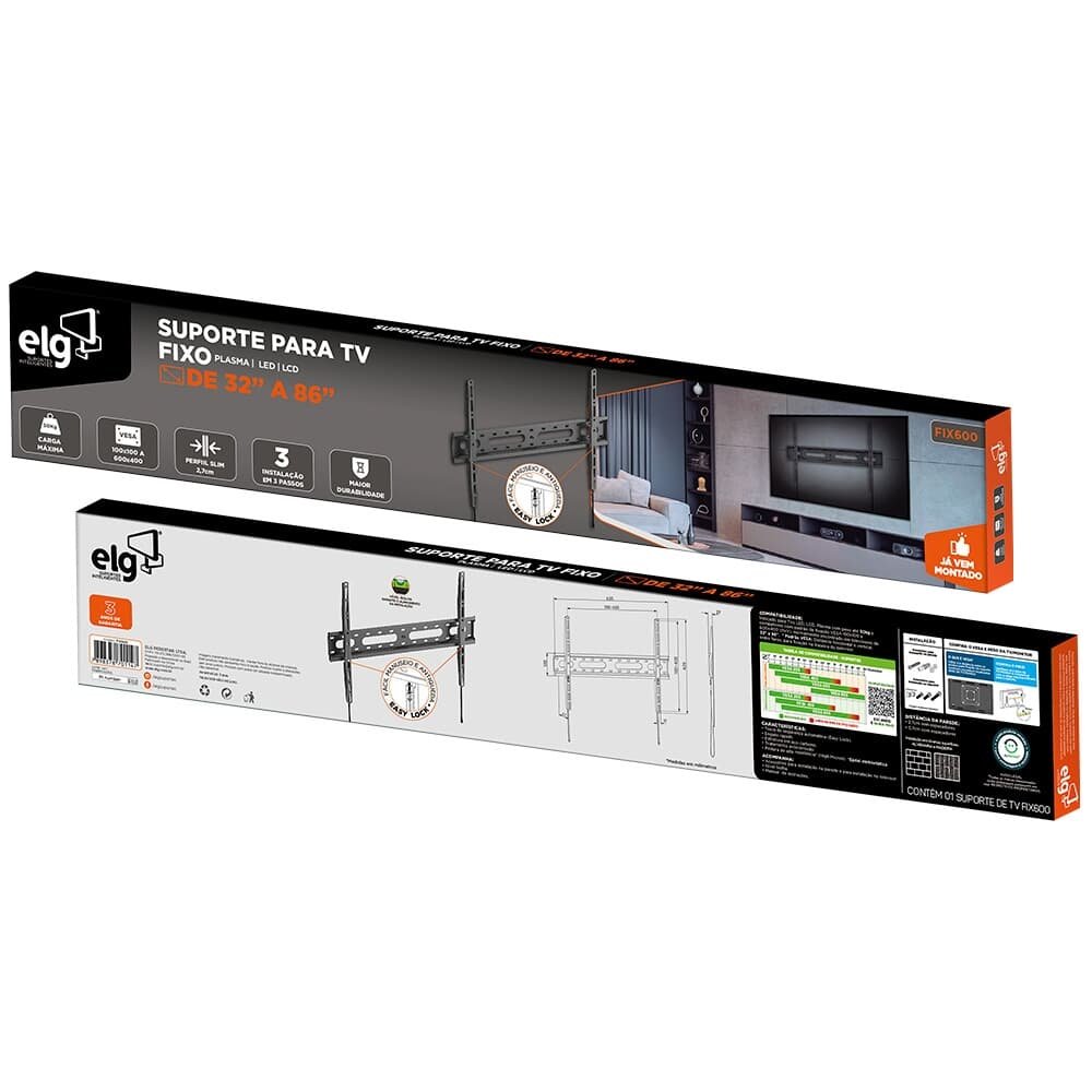 Imagem 7 de 7 do produto Suporte Fixo de Parede para TVs de 32" a 86" ELG, até 50kg, VESA, Preto - FIX600
