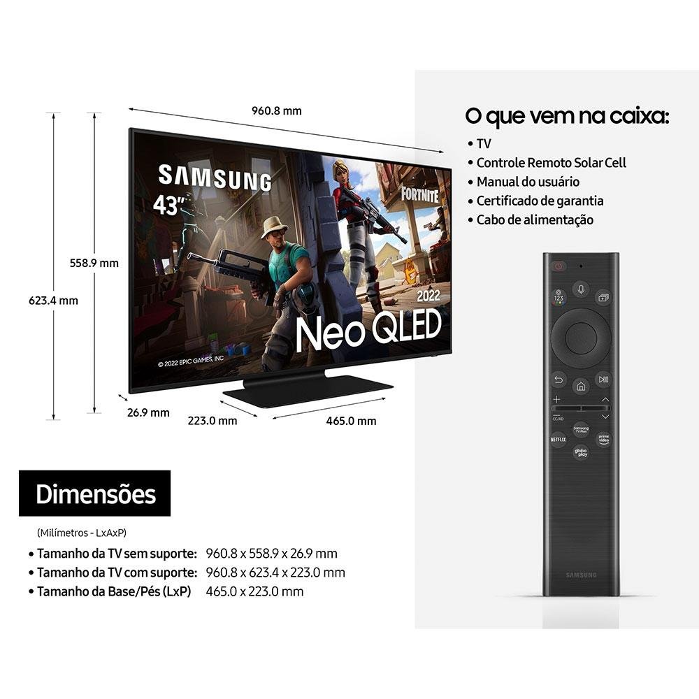 Smart TV Samsung 43 Polegadas Gaming Neo QLED, 4K, 4 HDMI, Bluetooth, Wi-Fi, 144Hz, IA, Alexa - QN43QN90BAGXZD