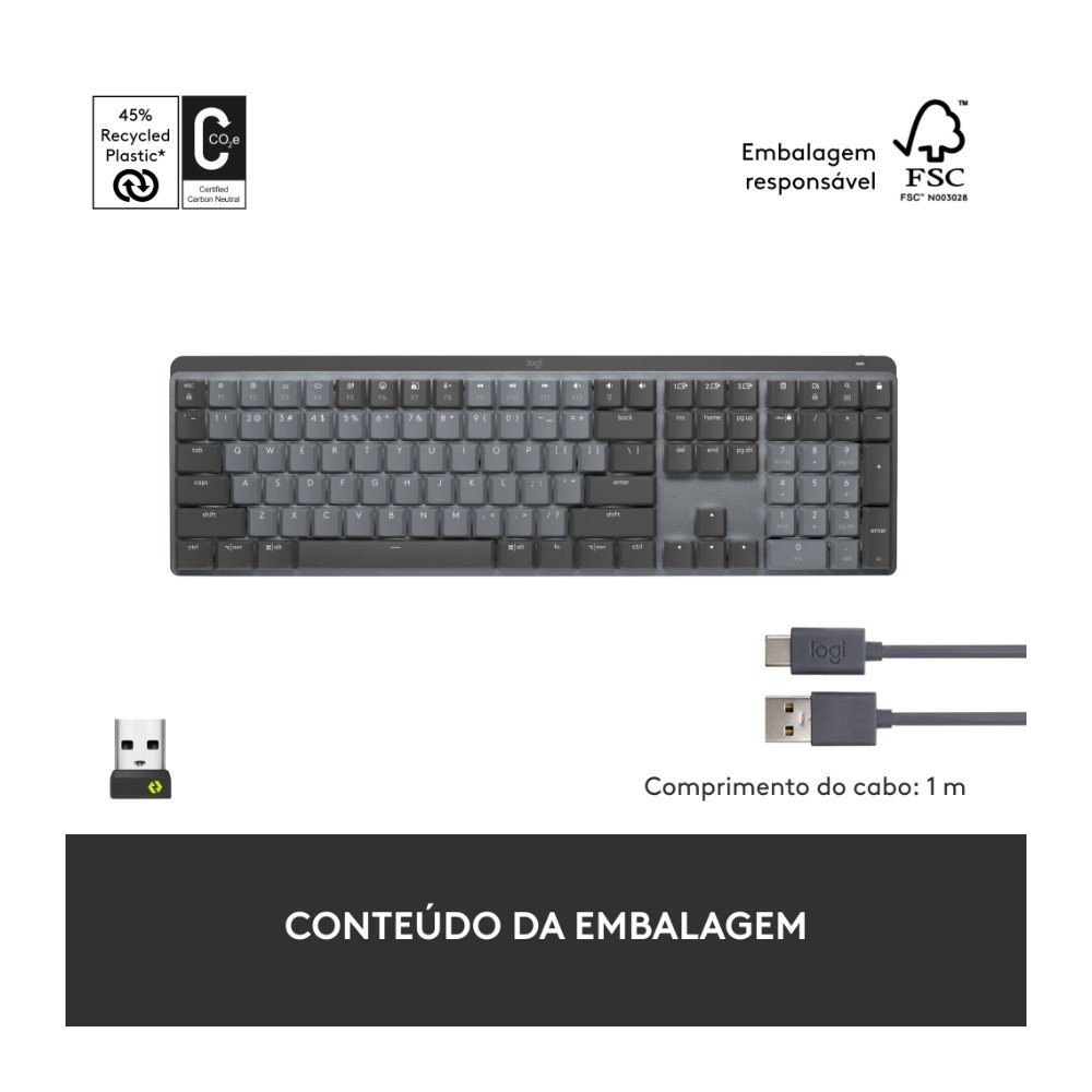 Teclado Mecânico Sem Fio Logitech MX Mechanical, Iluminação, Switch Tactile Quiet, Bluetooth, USB, Preto - 920-010760 - view 13